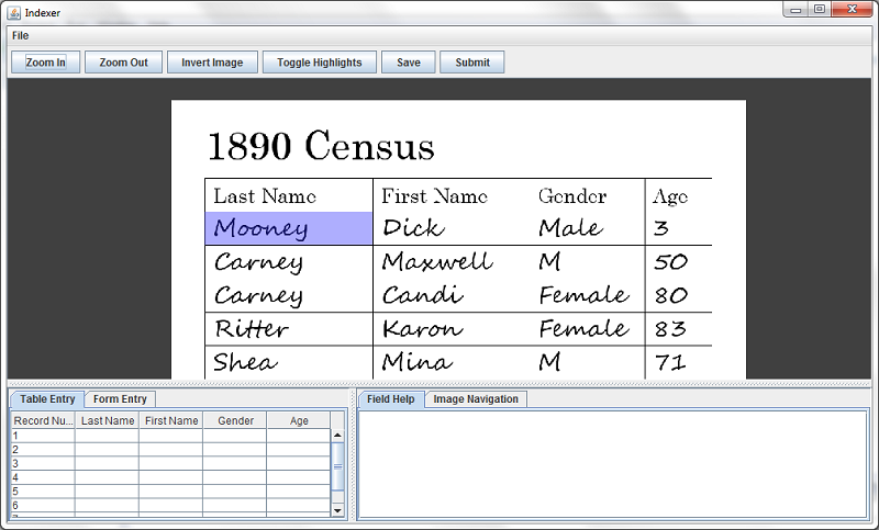 Screenshot of record indexer